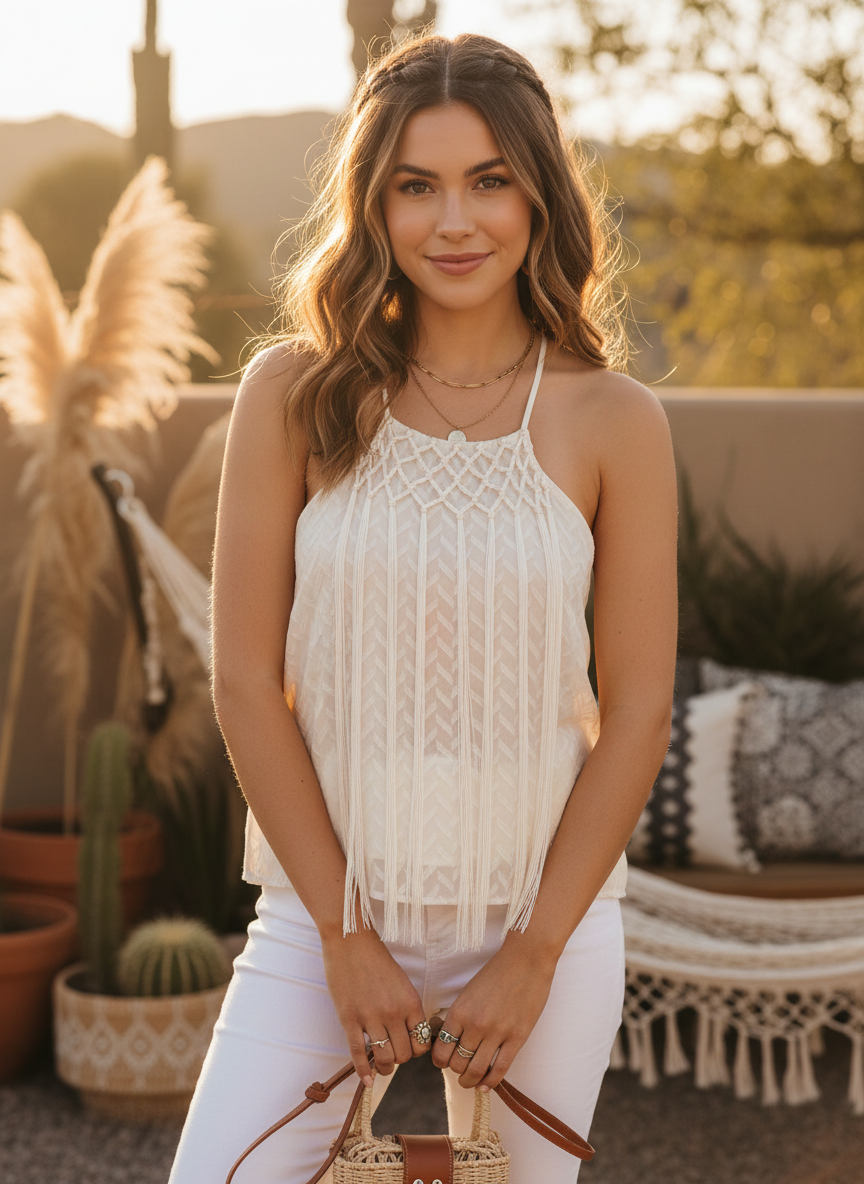 A. Peach Chevron Macramé Fringe Tank Cami thumbnail 2