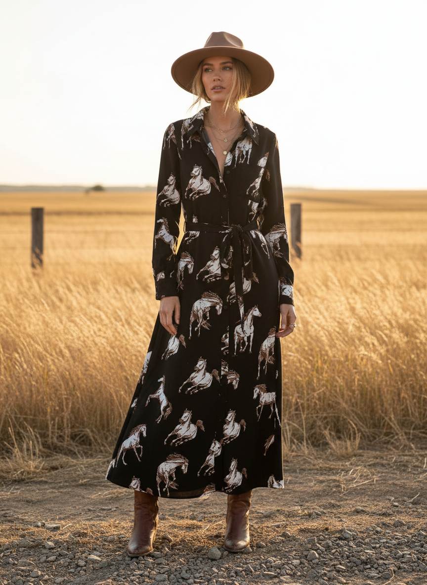 Cotton & Rye Outfitters Horse Print Button-Down Maxi Dress - Image 1