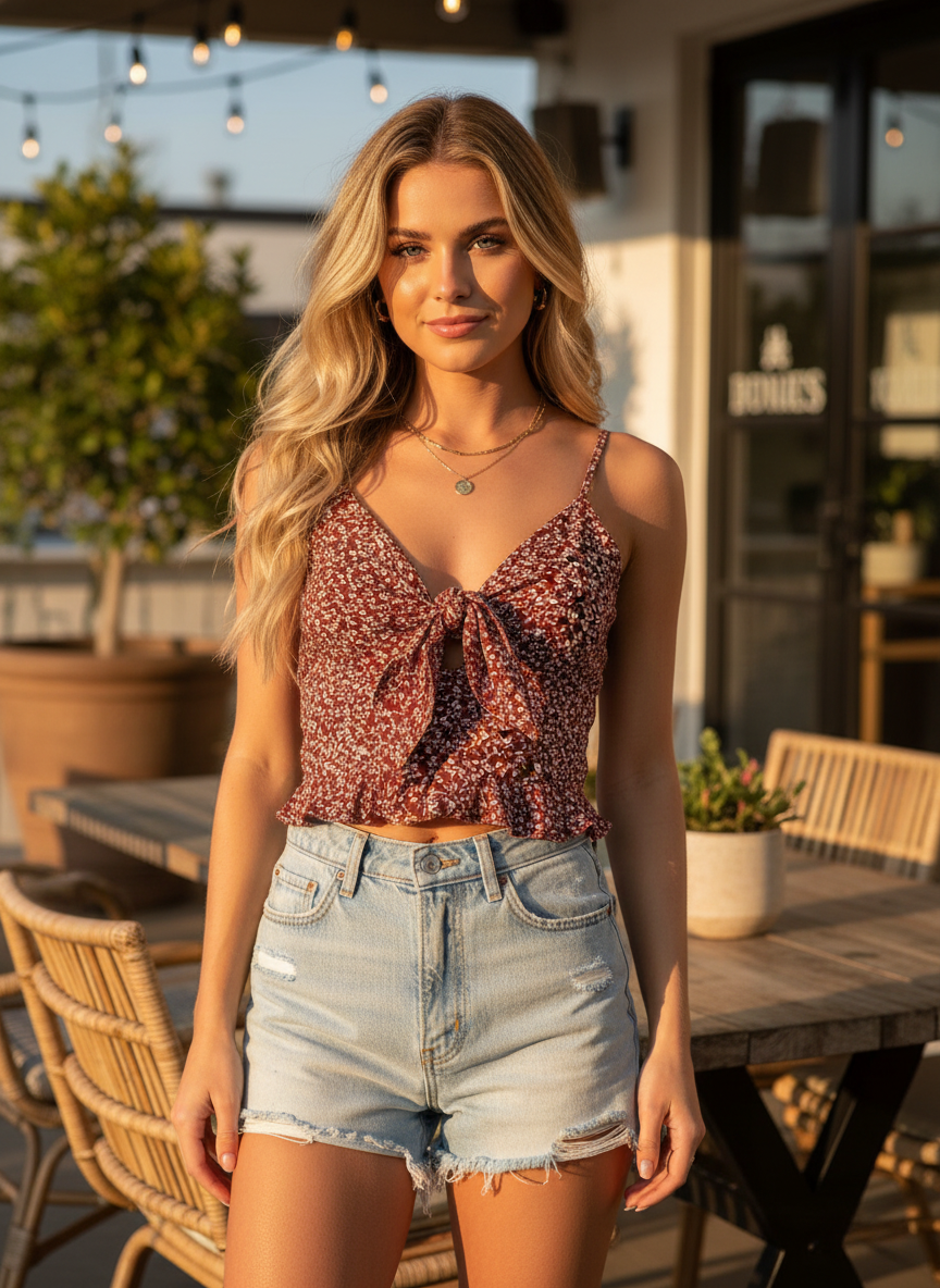 Princess Polly Red Floral Tie-Front Camisole Crop Top - Image 1