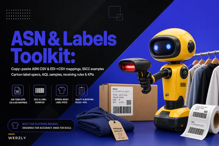 ASN & Carton‑Label Toolkit for Small Apparel Buyers: CSV/EDI sample, SSCC mapping, label specs, AQL table, receiving workflows & KPIs