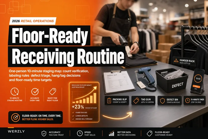 Floor-ready receiving checklist and a one-person 10‑minute staging routine for clothing stores