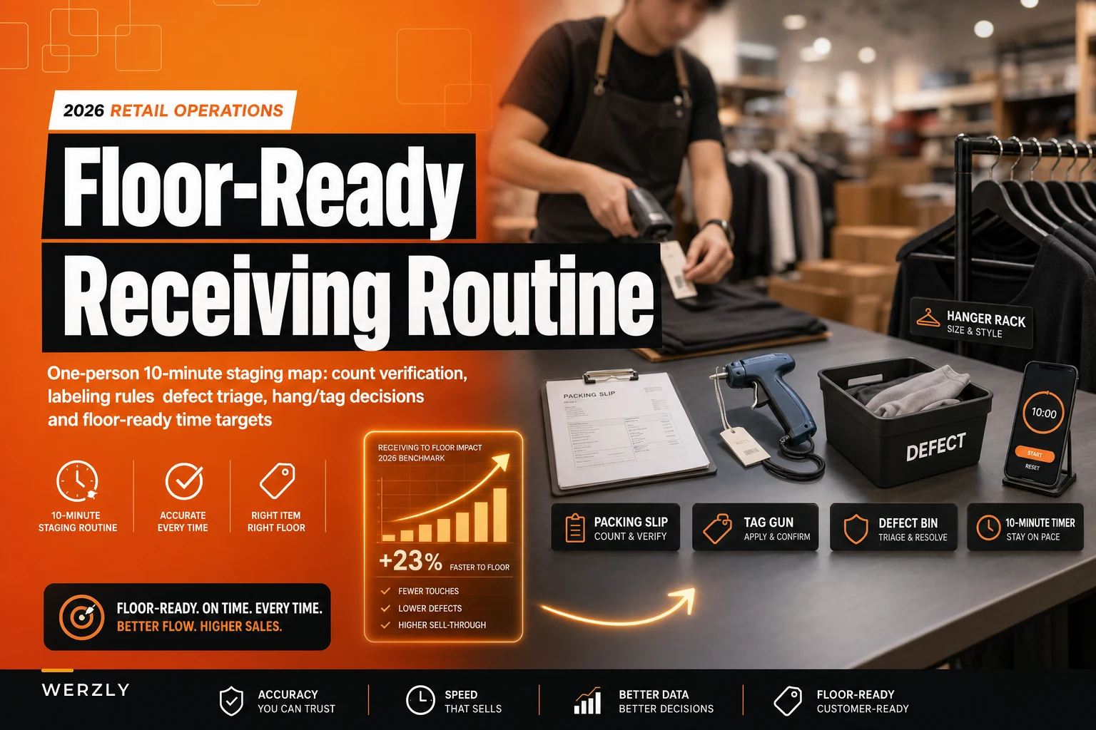 Floor-ready receiving checklist and a one-person 10-minute staging routine for clothing stores