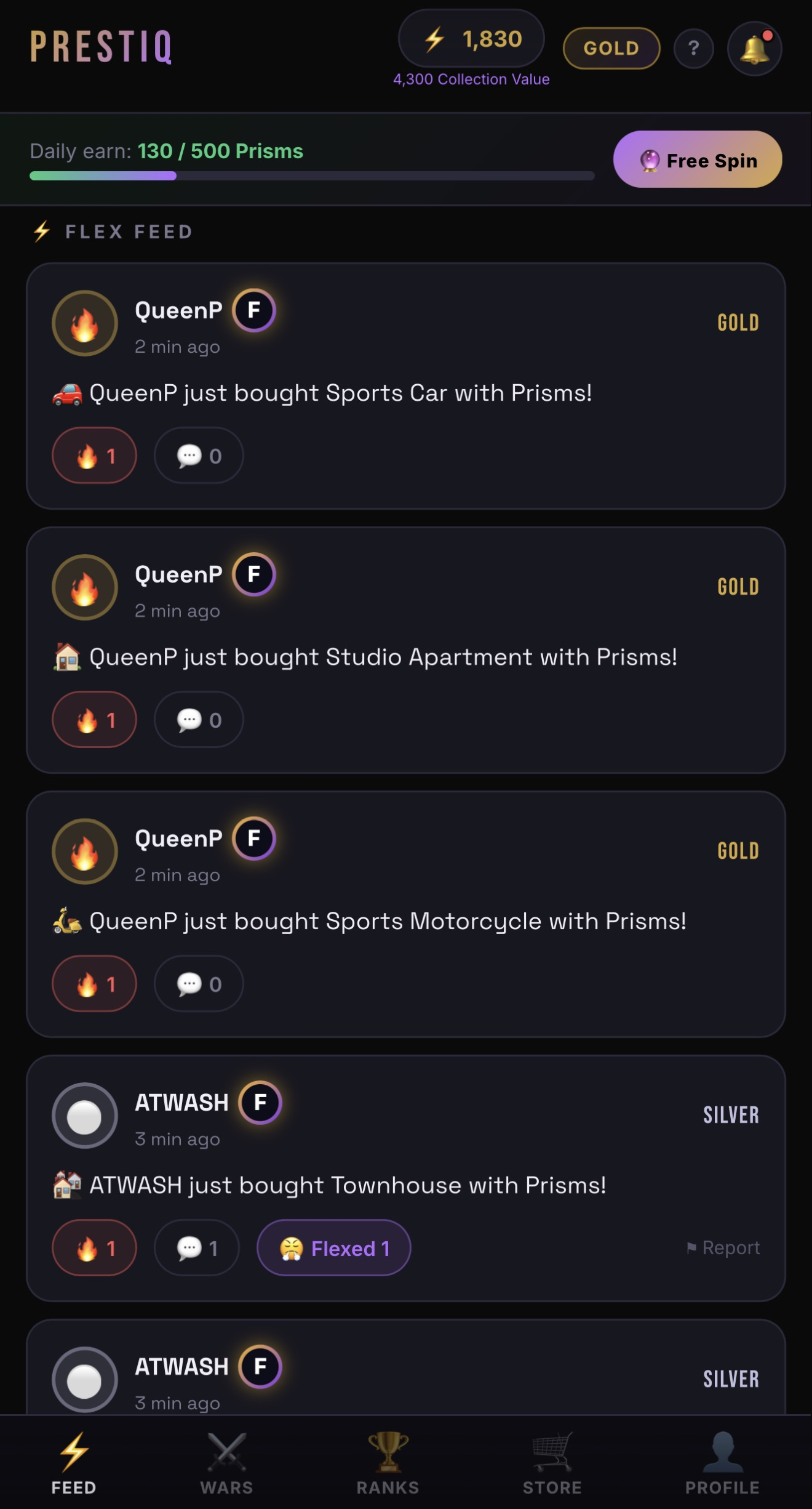 Screenshot of the Flex Feed showing player posts with reactions, comments, and Flex counts