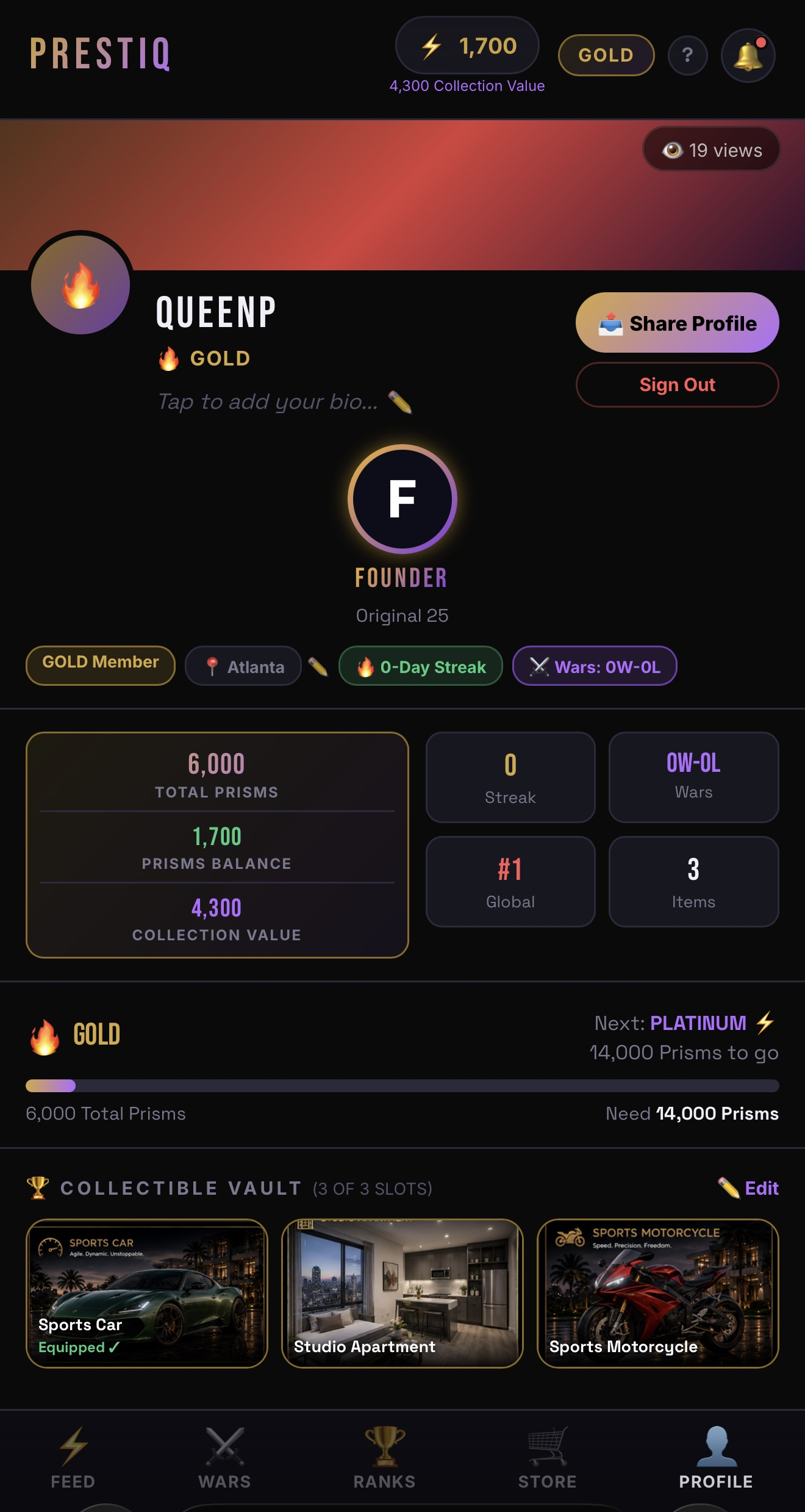 Screenshot of a Prestiq player profile showing rank, Total Prisms, Collection Value, and the Collectible Vault