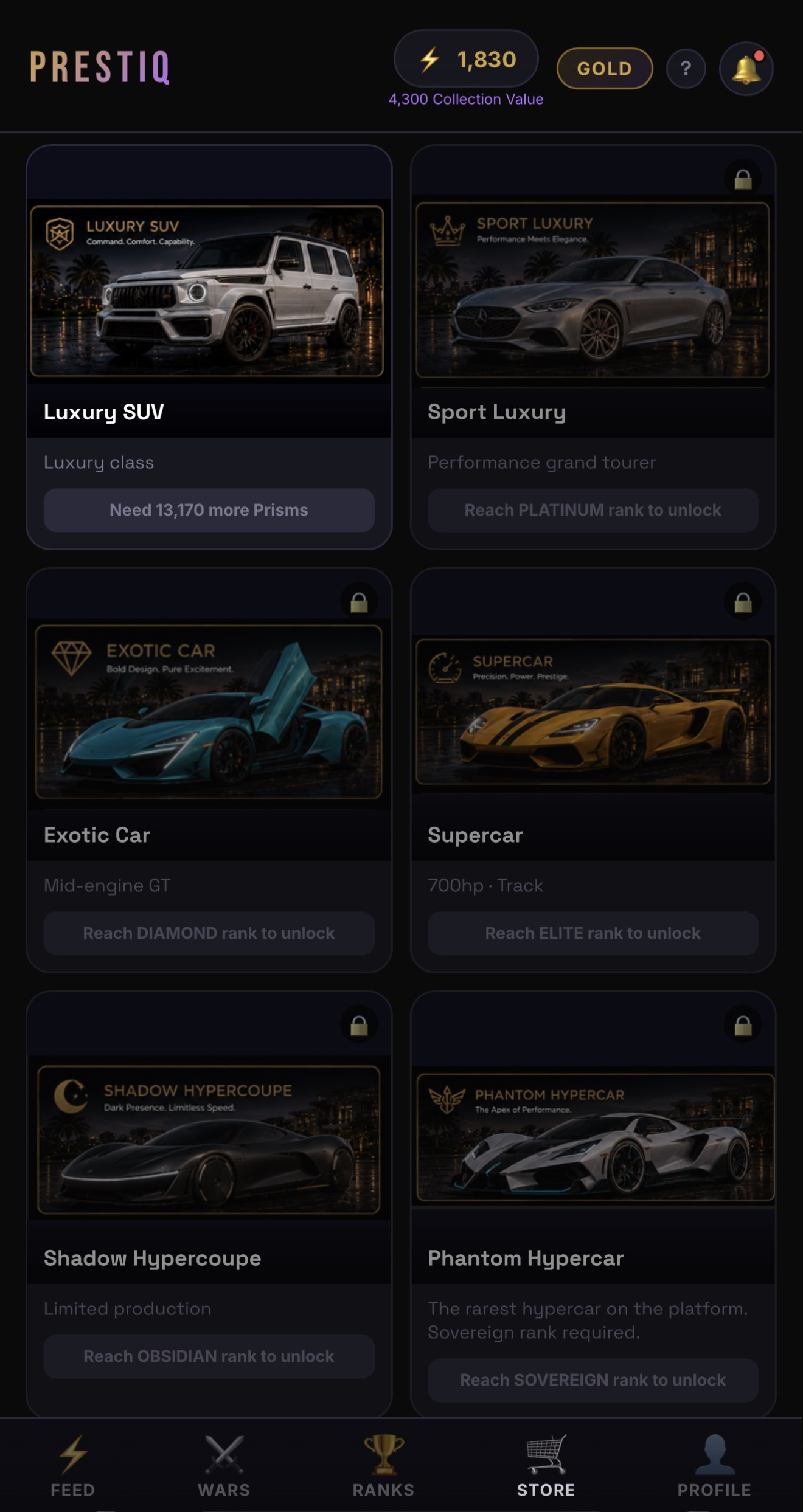 Screenshot of the Prestiq Store showing exclusive vehicles and properties available for purchase with Prisms
