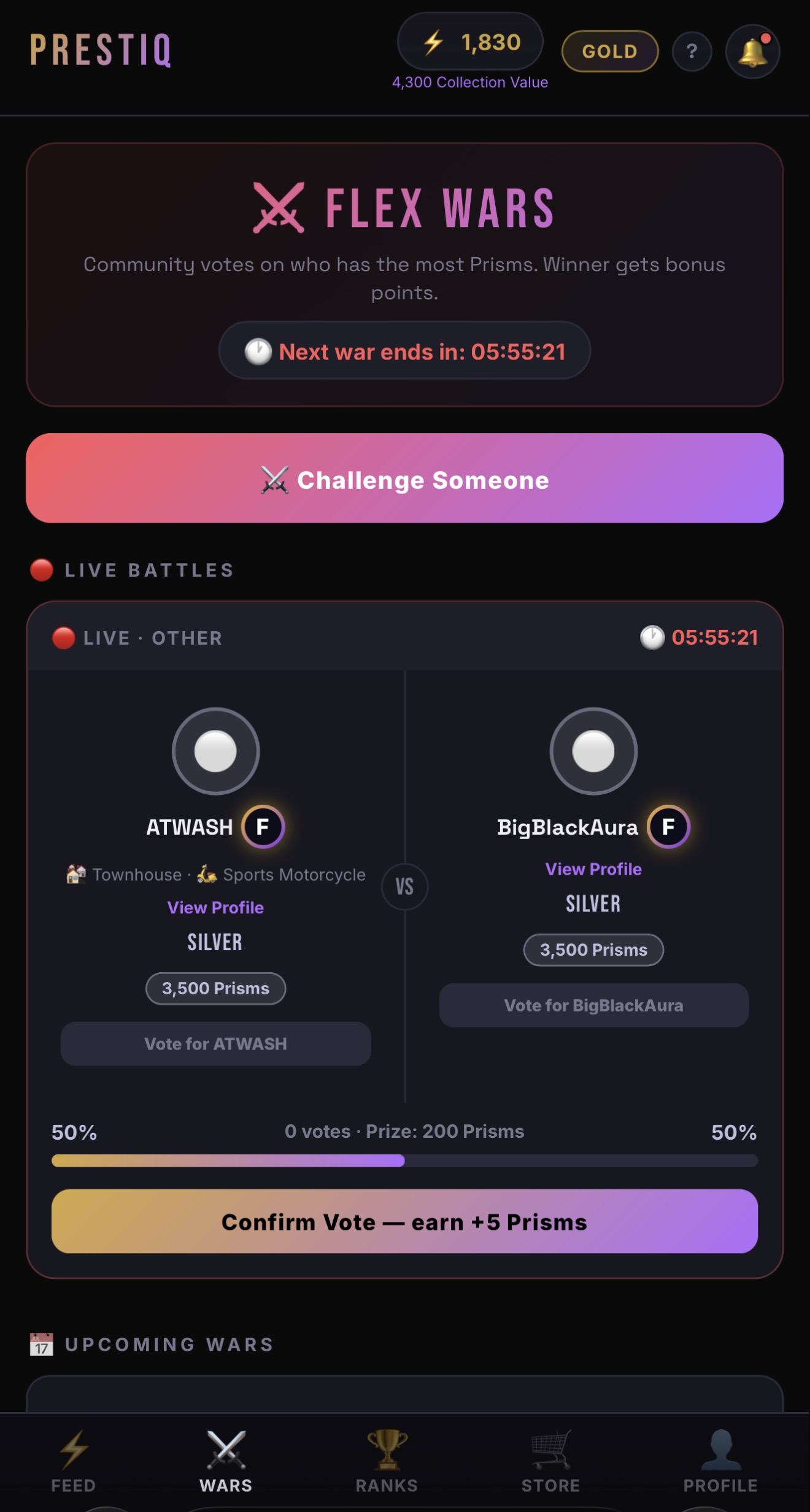 Screenshot of a Flex War showing two players' ranks and assets head-to-head with a community vote in progress