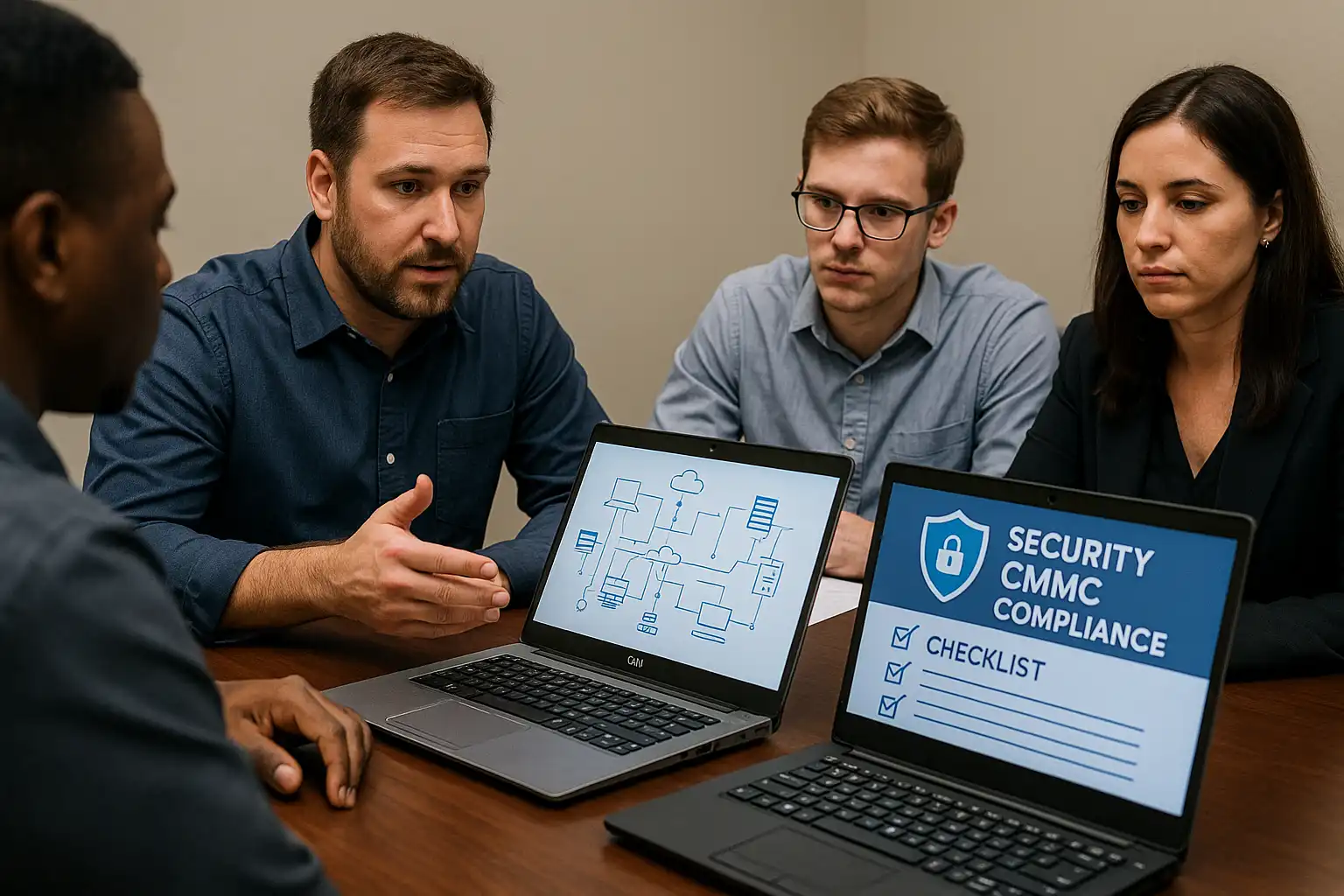 IT professionals reviewing network diagrams and cybersecurity checklists for CMMC compliance and re-certification decisions.