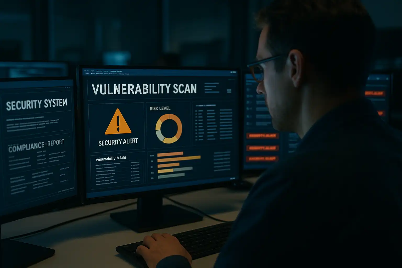 Cybersecurity analyst examining vulnerability scan reports in a secure operations center to protect Controlled Unclassified Information (CUI) for defense contractors