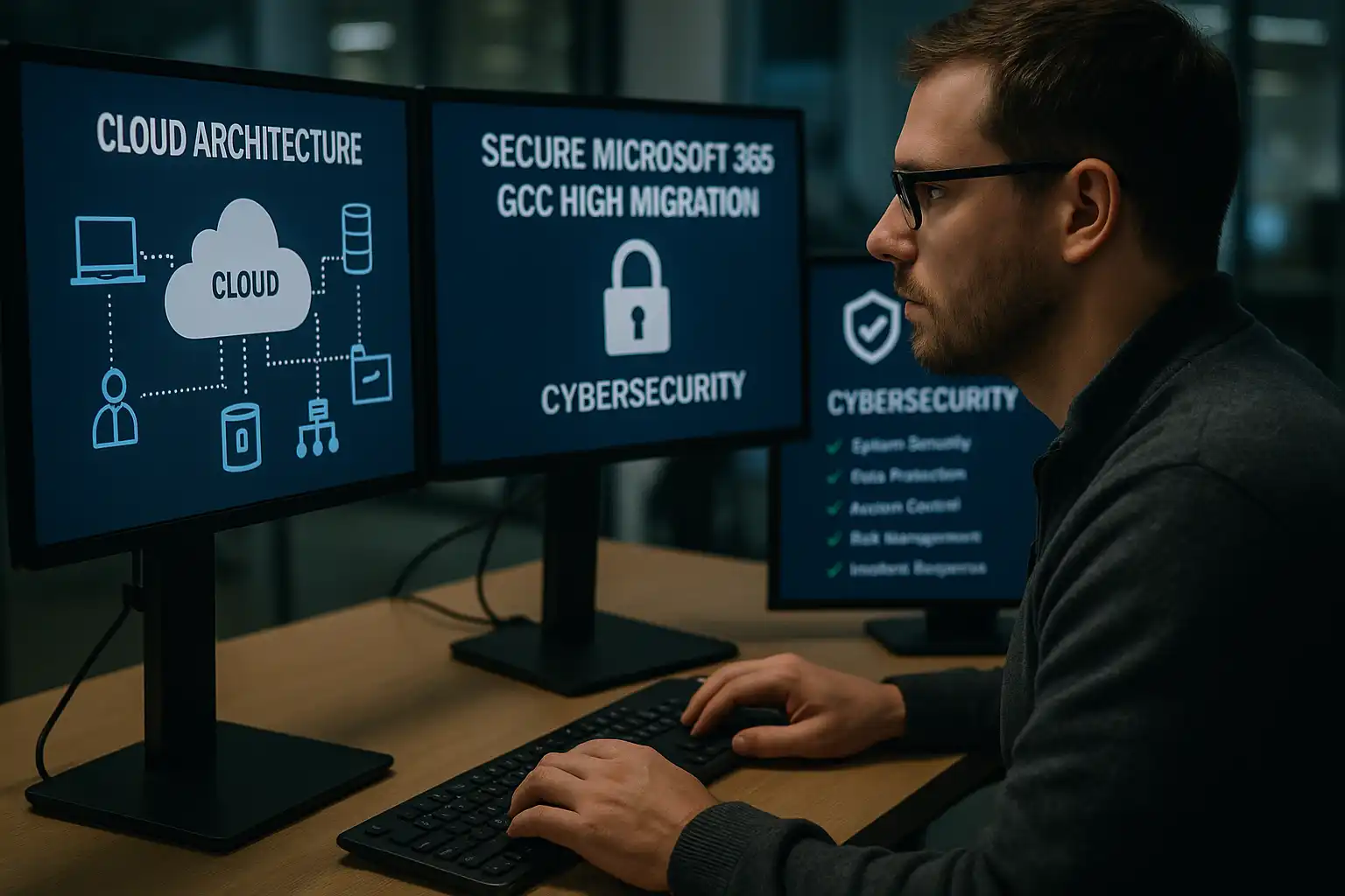 IT professional managing secure Microsoft 365 GCC High tenant migration with cloud architecture and compliance dashboards on multiple monitors
