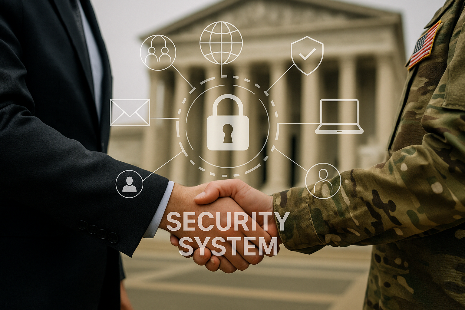 Handshake between business and military official with cybersecurity digital overlay representing CMMC compliance in defense contracts
