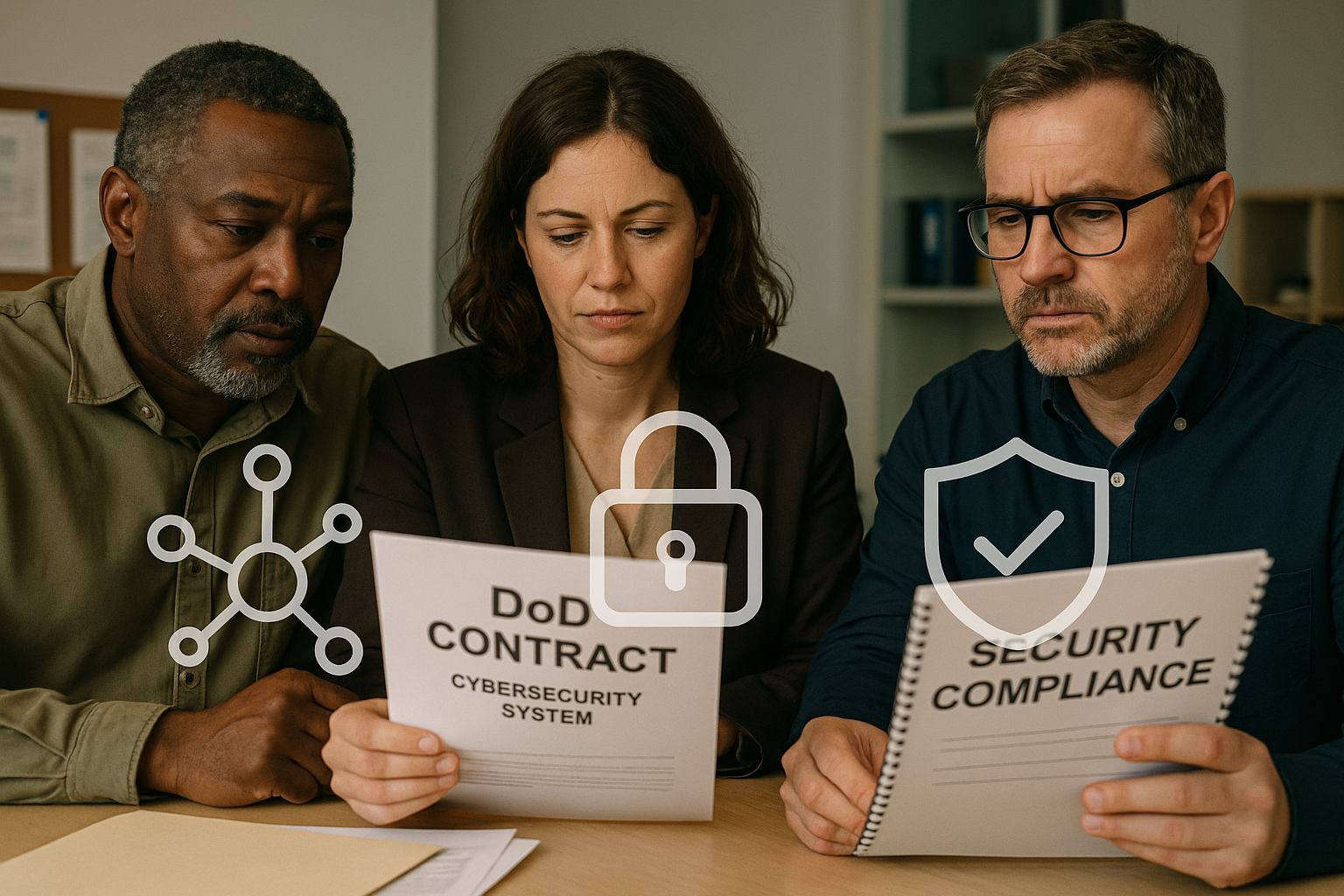 Small defense contractor team reviewing cybersecurity certification documents with digital security and DoD contract icons representing CMMC 48 CFR final rule compliance