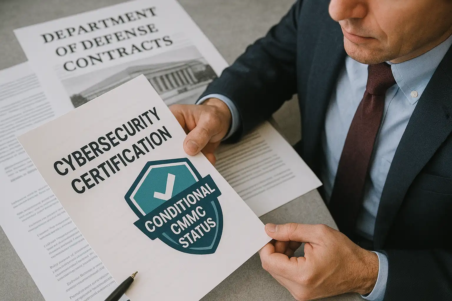 Business professional reviewing Conditional CMMC Certification documents with Department of Defense contracts in the background