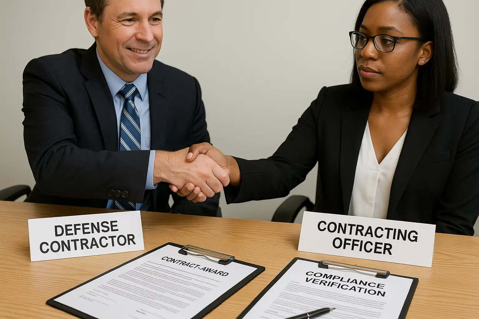 Defense contractor and contracting officer reviewing contract documents and checking CMMC certification requirements before contract award.
