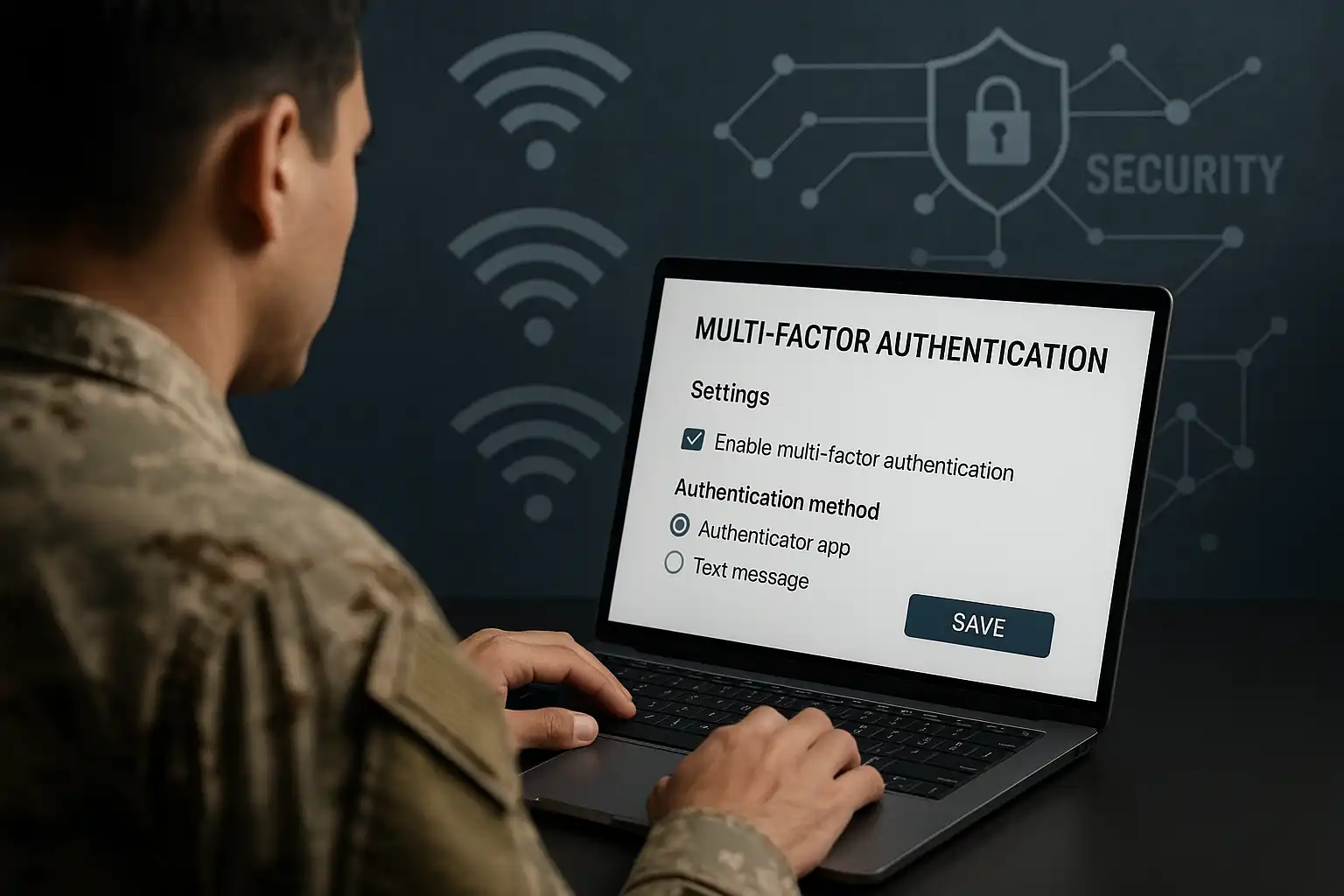 Cybersecurity professional configuring multi-factor authentication for WiFi access on a laptop with network security icons