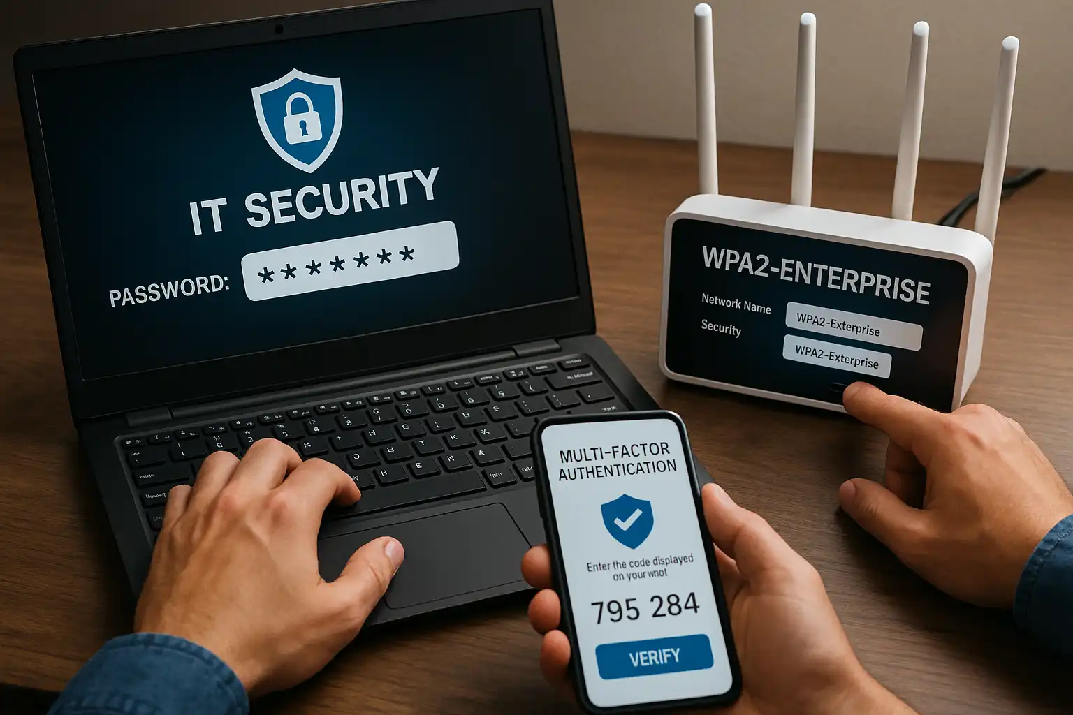 Cybersecurity professional entering strong password, configuring WPA2-Enterprise WiFi router, and verifying multi-factor authentication on mobile device for CMMC compliance