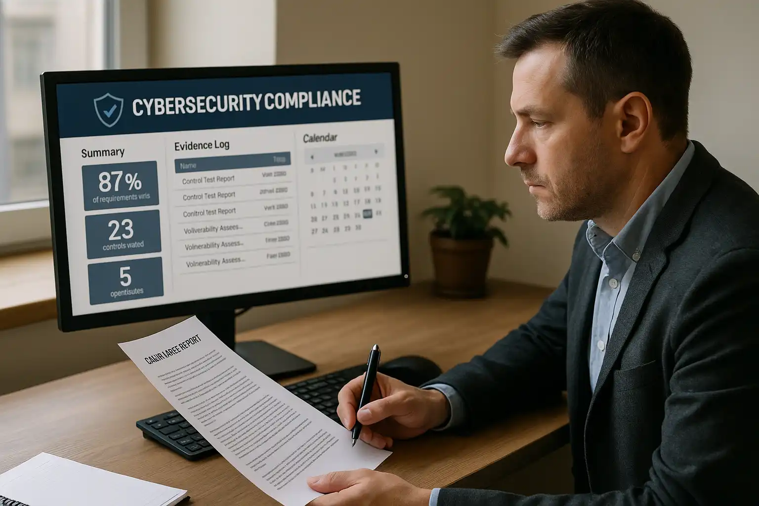 Cybersecurity professional reviewing CMMC Level 2 POA&M, evidence logs, and periodic review schedules on digital dashboards and documents.