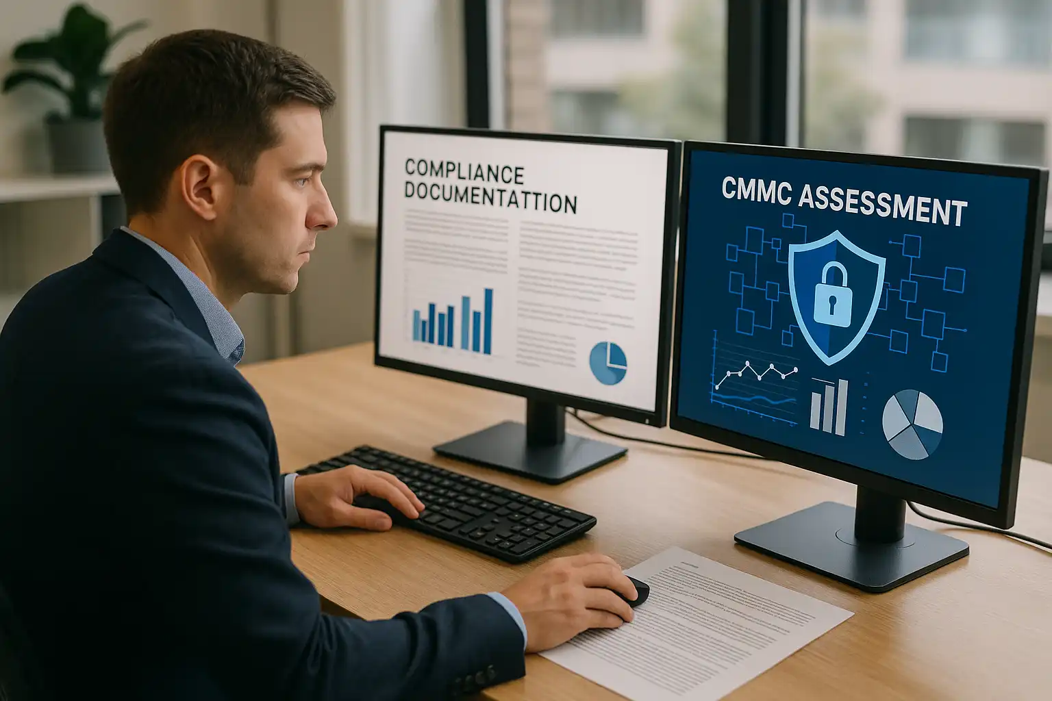 Cybersecurity analyst reviewing CMMC Level 2 compliance documentation and evidence logs on computer monitors in an office setting.