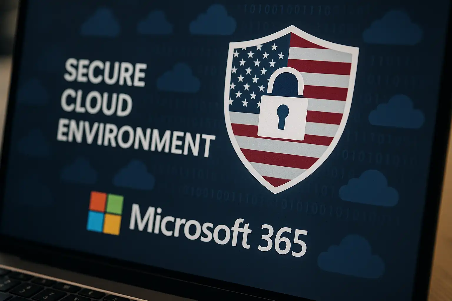 Microsoft 365 cloud with cybersecurity shield and U.S. flag symbolizing GCC High compliance and DoD data protection
