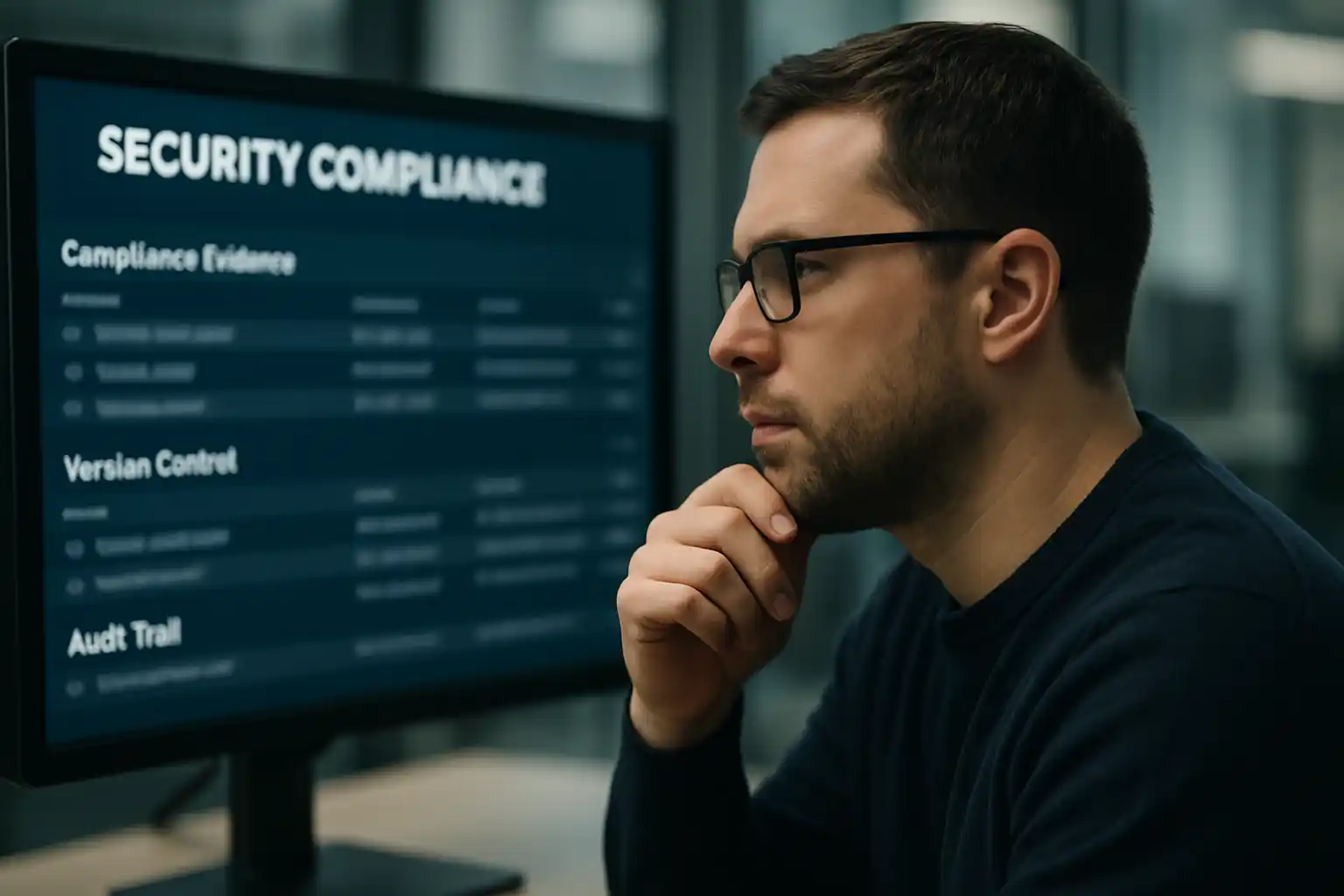 Cybersecurity professional reviewing evidence logs, version control, and audit trails on a compliance dashboard for CMMC under 48 CFR Final Rule requirements.