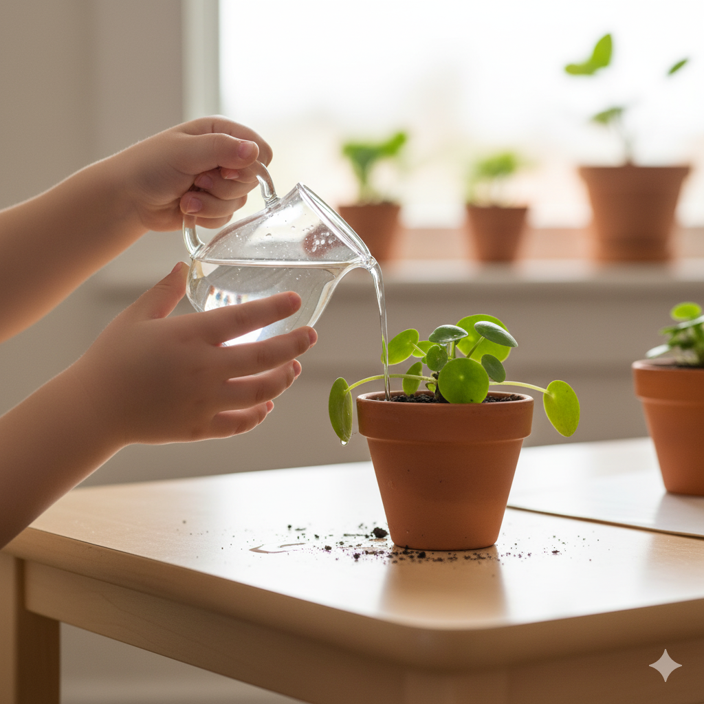 Image for homepage programs section: A teacher helping two young children build with pink tower blocks.