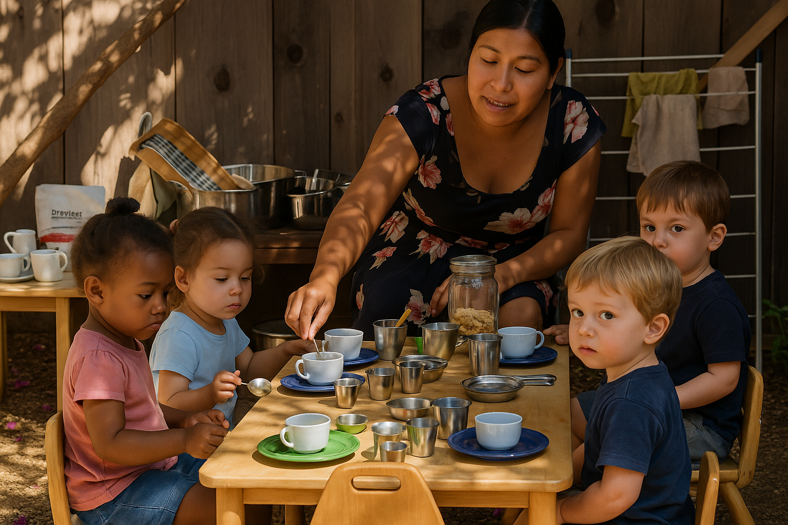 Image for homepage programs section: A group of young children playing together with a teacher.