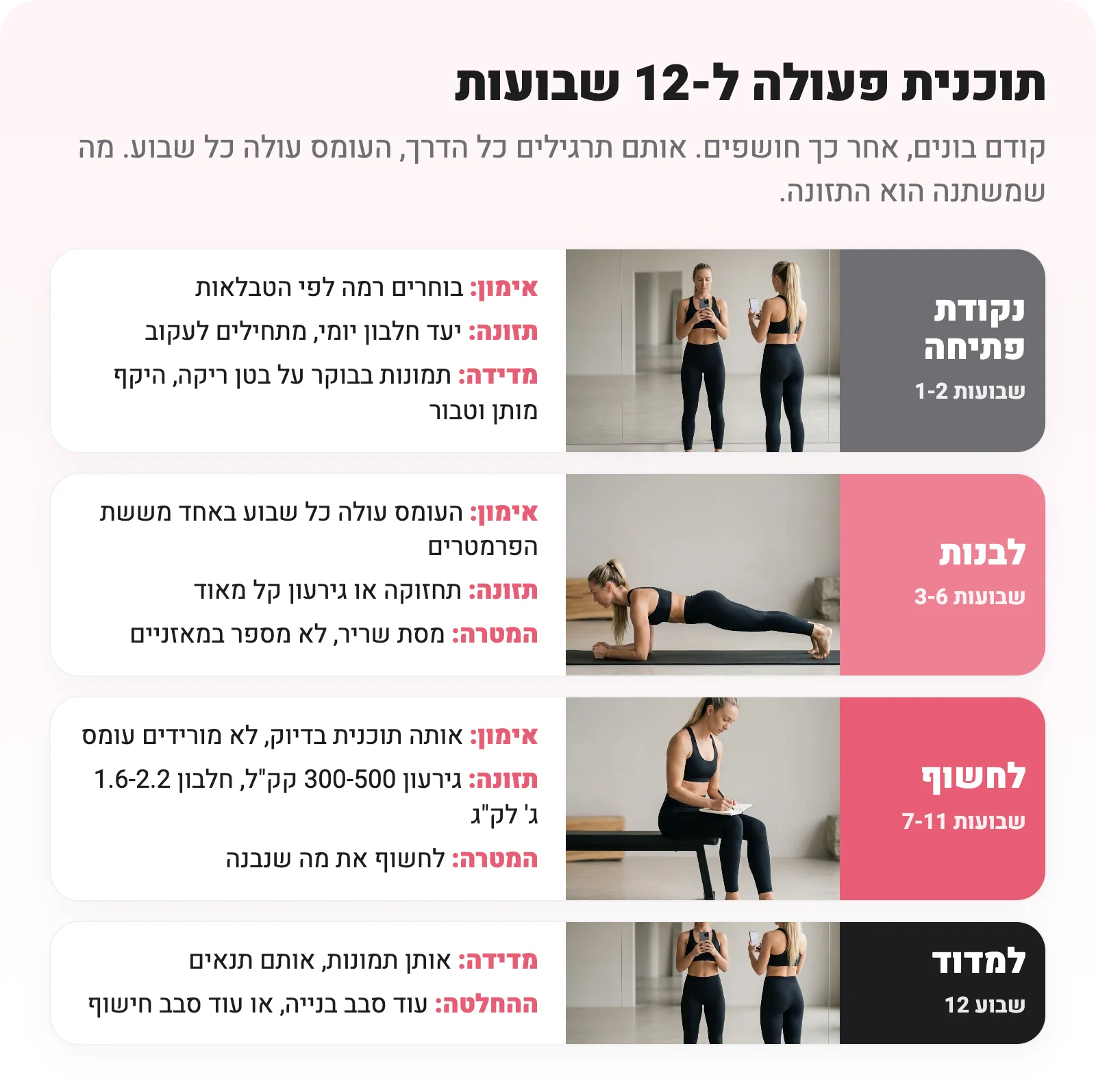 תוכנית 12 שבועות בארבעה שלבים, כל שלב עם צילום: תמונת פתיחה במראה, פלאנק, רישום ביומן האימון, ומדידה חוזרת