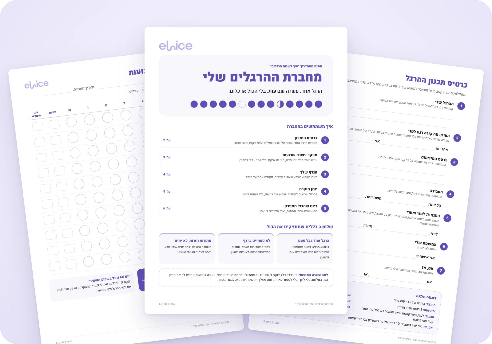 שלושה עמודים מתוך מחברת ההרגלים: עמוד הפתיחה, כרטיס תכנון ההרגל ולוח המעקב לעשרה שבועות