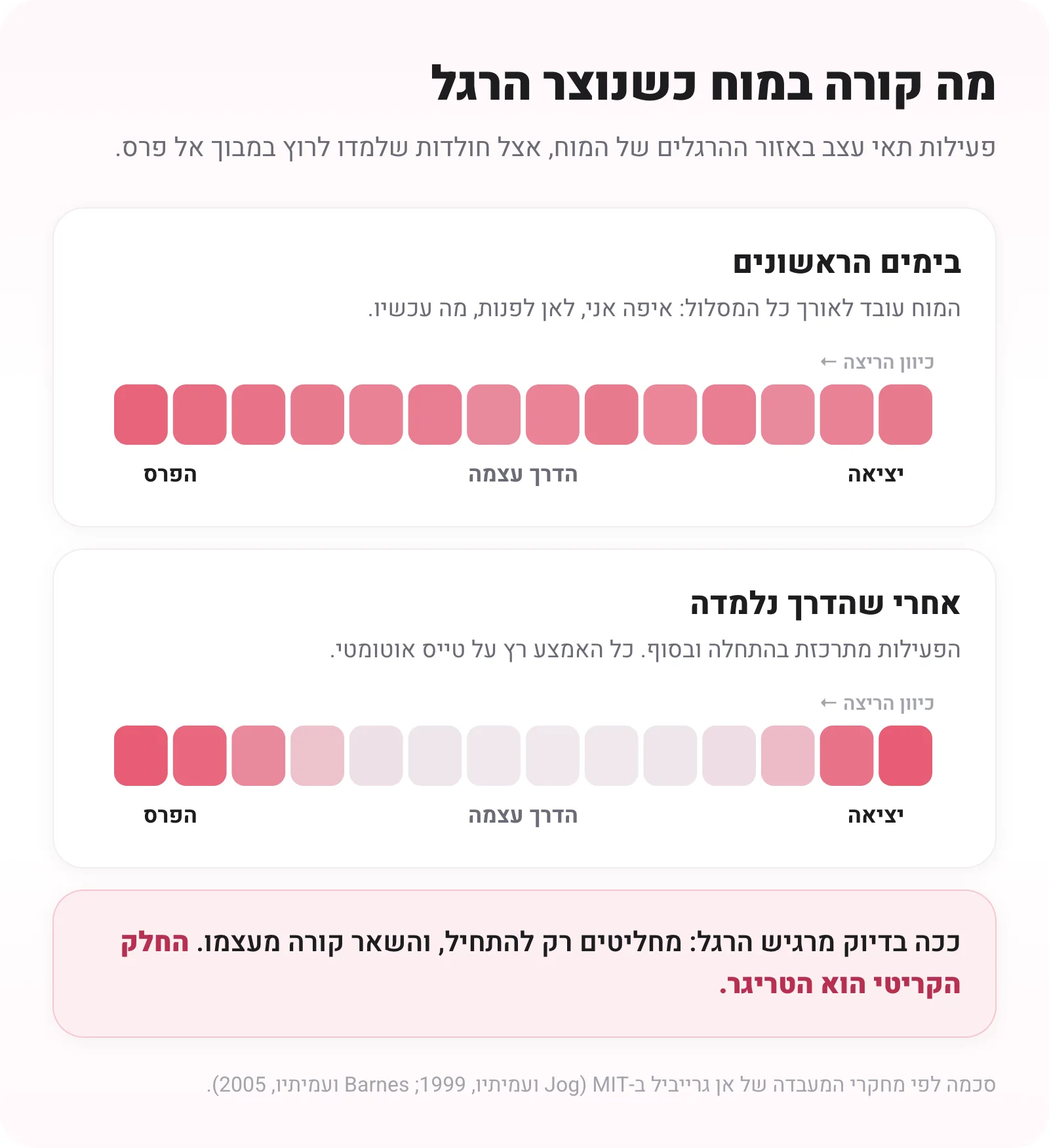 סכמה של פעילות במוח לאורך מסלול במבוך: בימים הראשונים כל המסלול פעיל, אחרי הלמידה רק ההתחלה והסוף