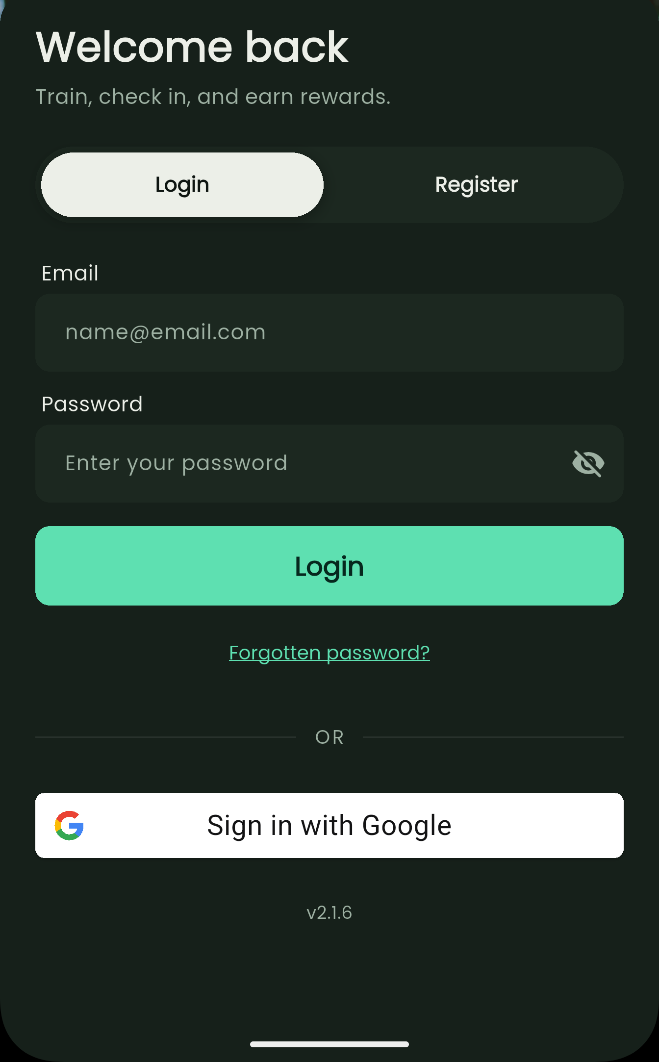 Coach Welly App login screen with the Forgotten password? link highlighted below the Login button