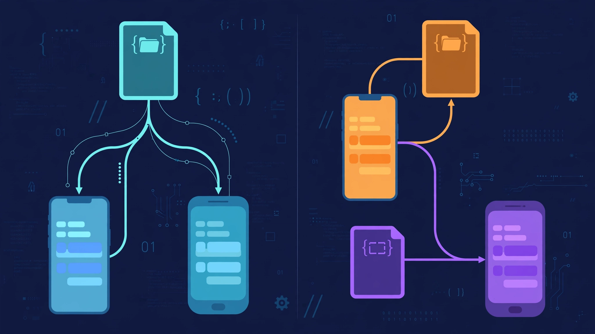 Split illustration comparing React Native and native app development code paths, dark professional tech style