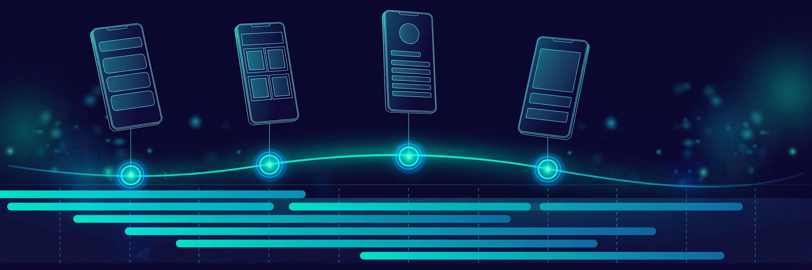 Glowing app development timeline with smartphone mockups at milestone markers over a project schedule, dark professional tech style