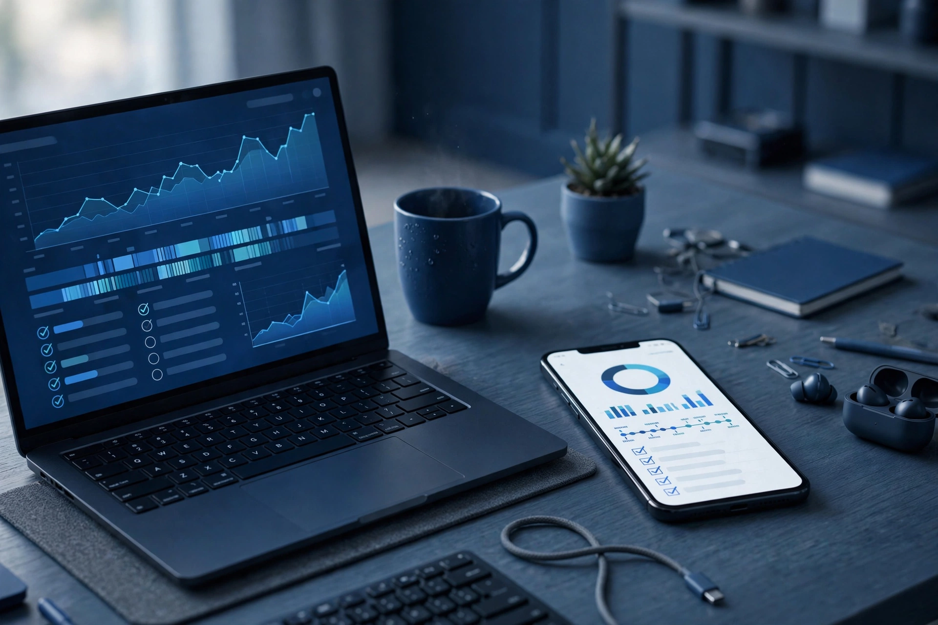 A smartphone and laptop showing a live app health dashboard with update timelines and bug-fix checklists, clean professional tech style in deep blue tones
