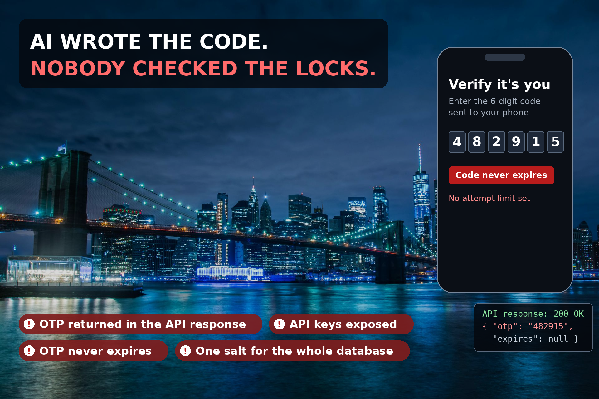 Real photo of the New York City skyline at dusk, overlaid with a floating phone login screen showing a one-time passcode and red warning callouts reading: OTP returned in the API response, API keys exposed, OTP never expires, one salt for the whole database