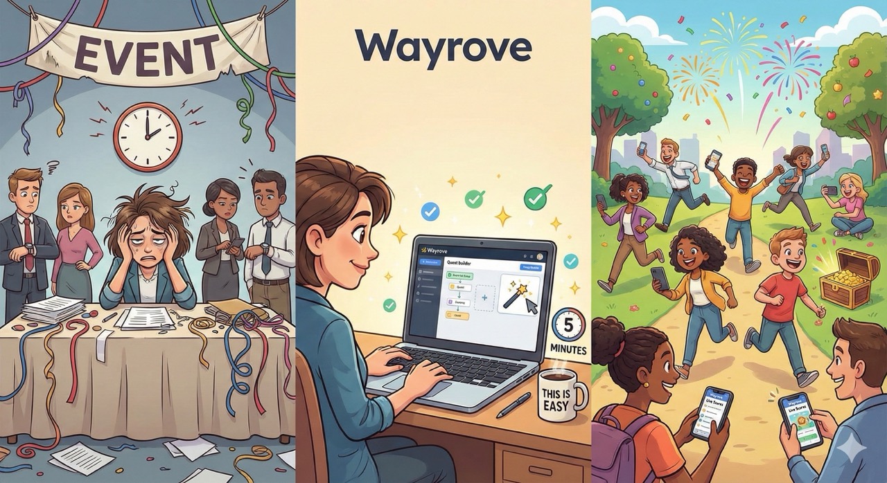 Wayrove Event Transformation Event transformation - from stressful planning to easy Wayrove setup to joyful celebration with diverse group