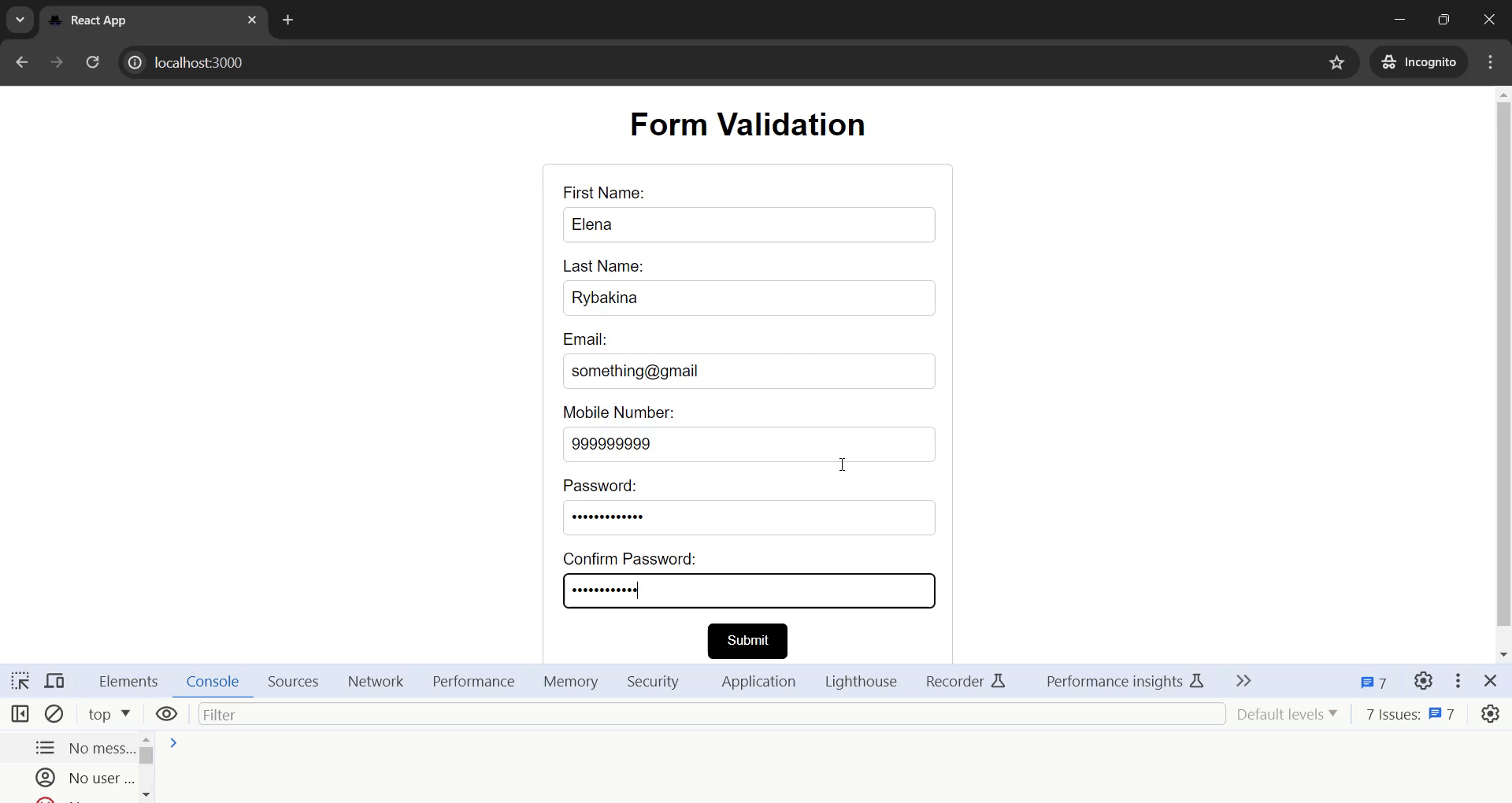 Form validation UI