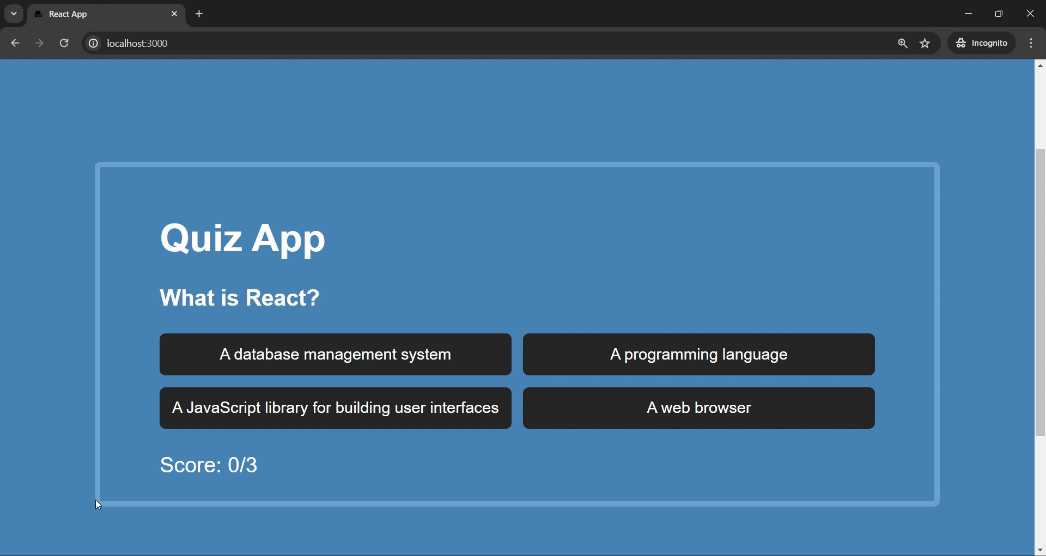 React Quiz App project output