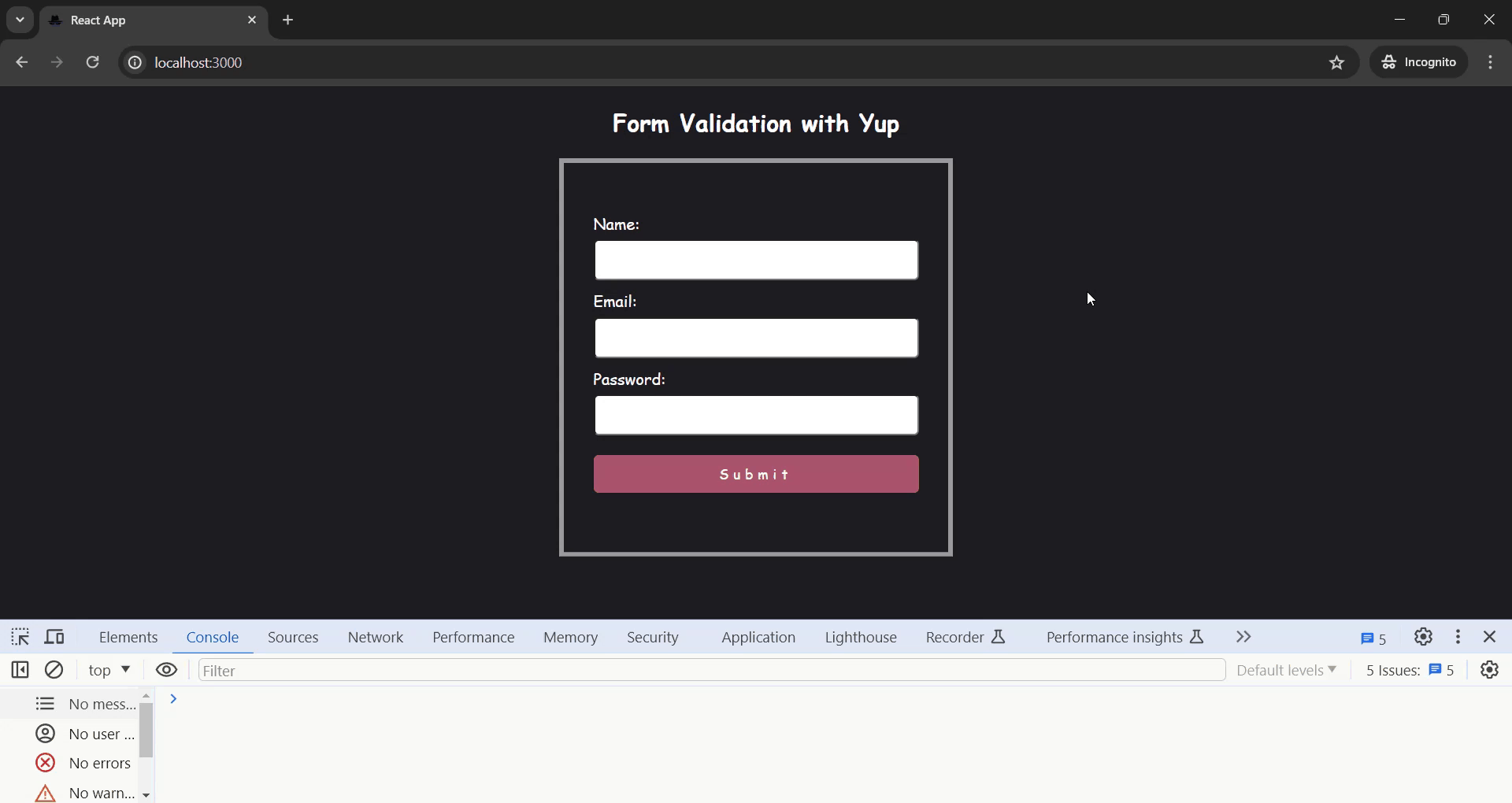 React Form with Yup