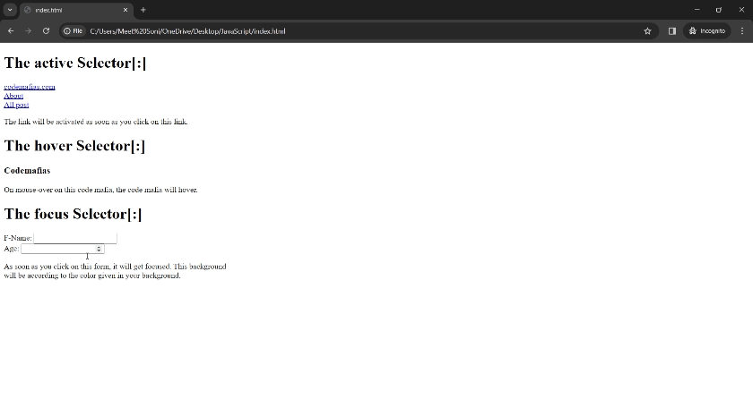 CSS active, hover, focus Selector