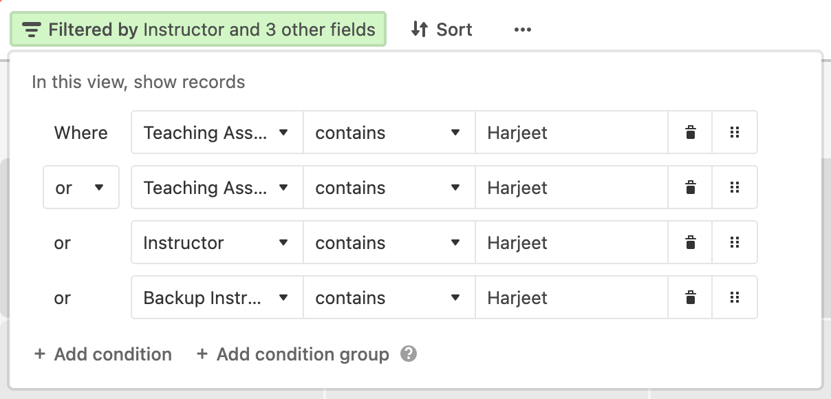 Filtering for instructors and teaching assisstants