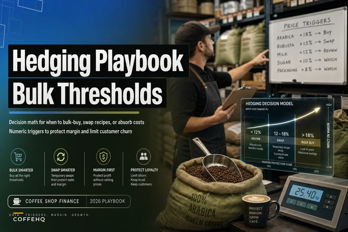 A small‑cafe hedging playbook: numeric thresholds for bulk buys, temporary recipe swaps and margin protection