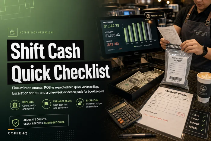 Five-minute shift cash checklist: deposits, variance flags and escalation