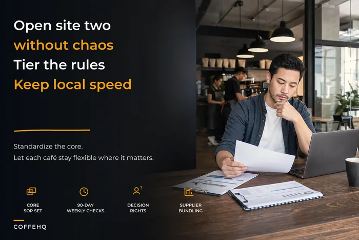 Operations blueprint to open your second site and scale to a few cafés: tiered standards, a 90‑day stabilization plan and one-page decision rights