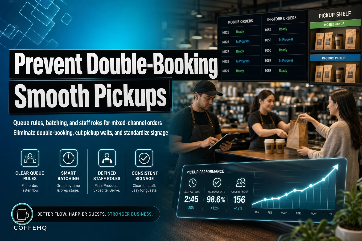 Prevent double-booking and pickup delays: queue rules and staff roles for mixed mobile and in-store orders