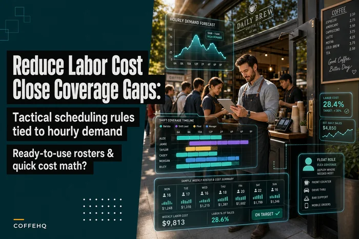 Reduce labor cost and coverage gaps: tactical scheduling rules and sample rosters for coffee shops