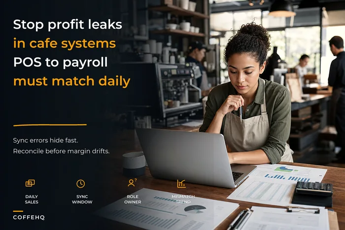 Stop profit leaks: a cafe data-sync and reconciliation playbook for POS, inventory, scheduling and accounting