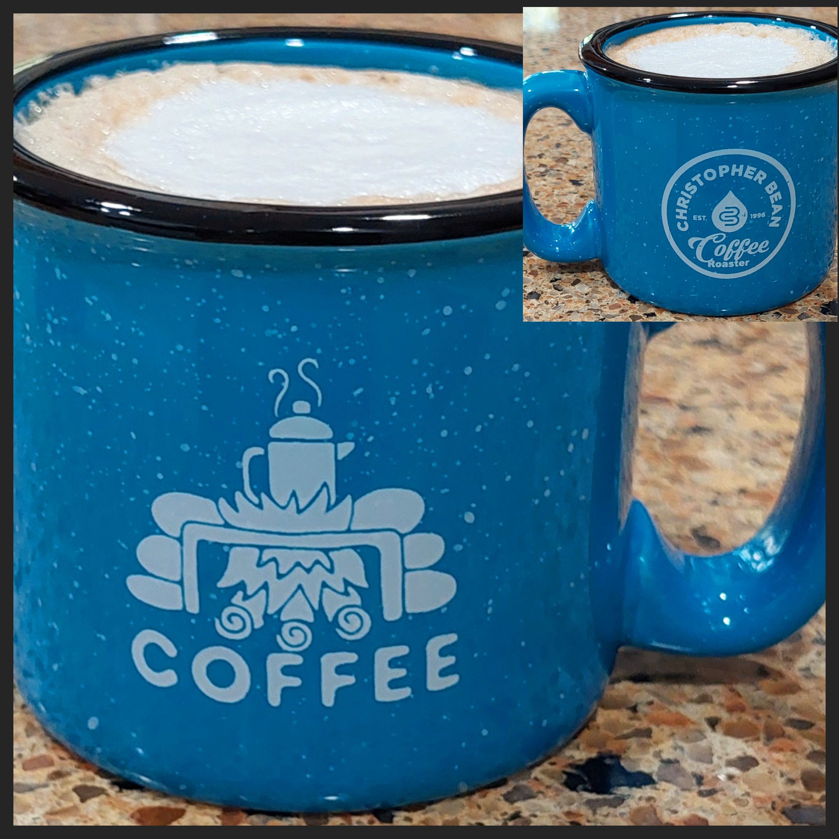 ☕️ MUG COLLECTION ☕️
Blue Camper-Tin-Cup-Design Ceramic mug
by Christopher Bean Coffee (13 oz)
~
(In the mug: Starbucks Caramel Nespresso Vertuo with Sweet Cream Foam)