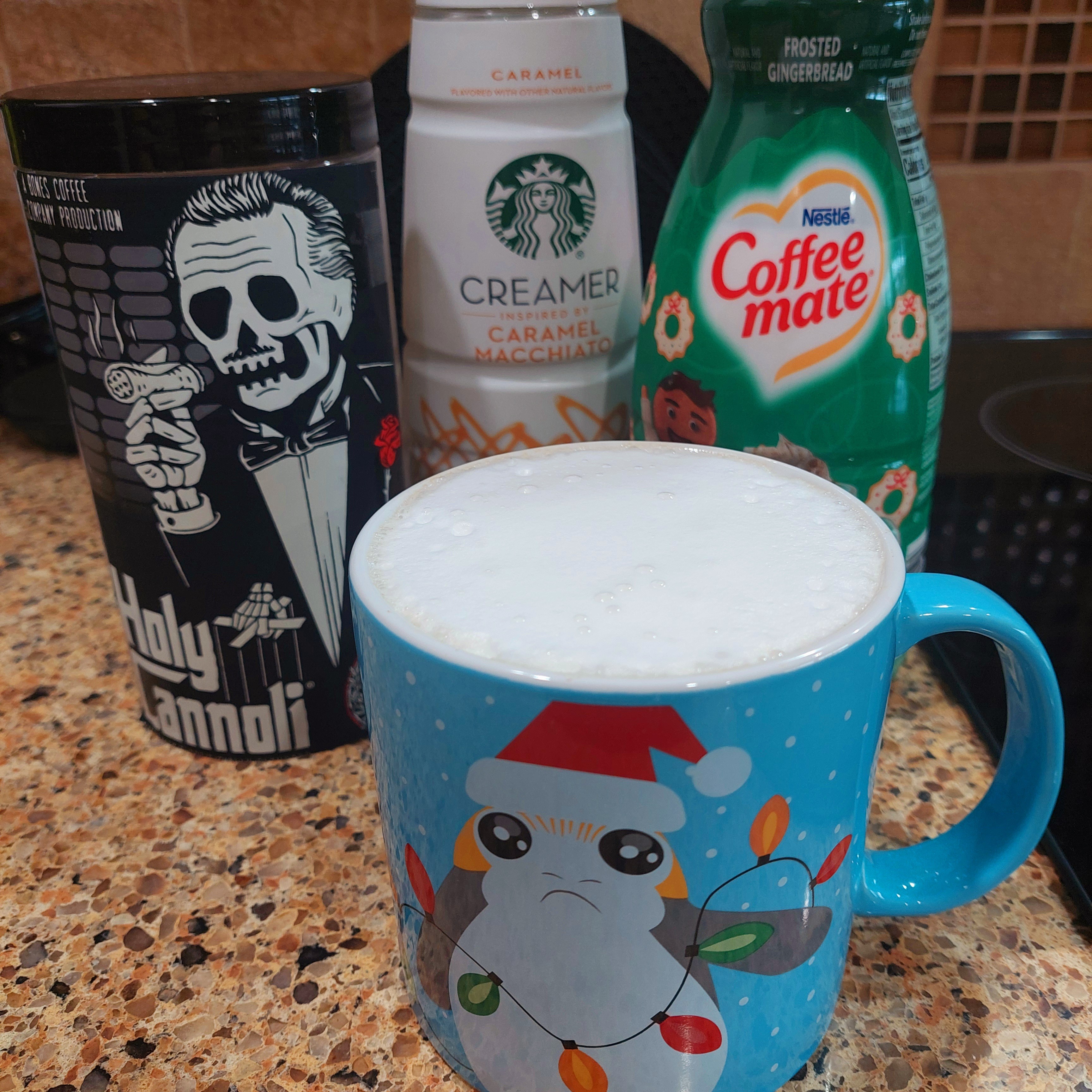 🎄☕️ Bones Holy Cannoli coffee...stir in Caramel Macchiato flavored creamer...top with Frosted Gingerbread Foam 😋 Yum! ☕️🎄