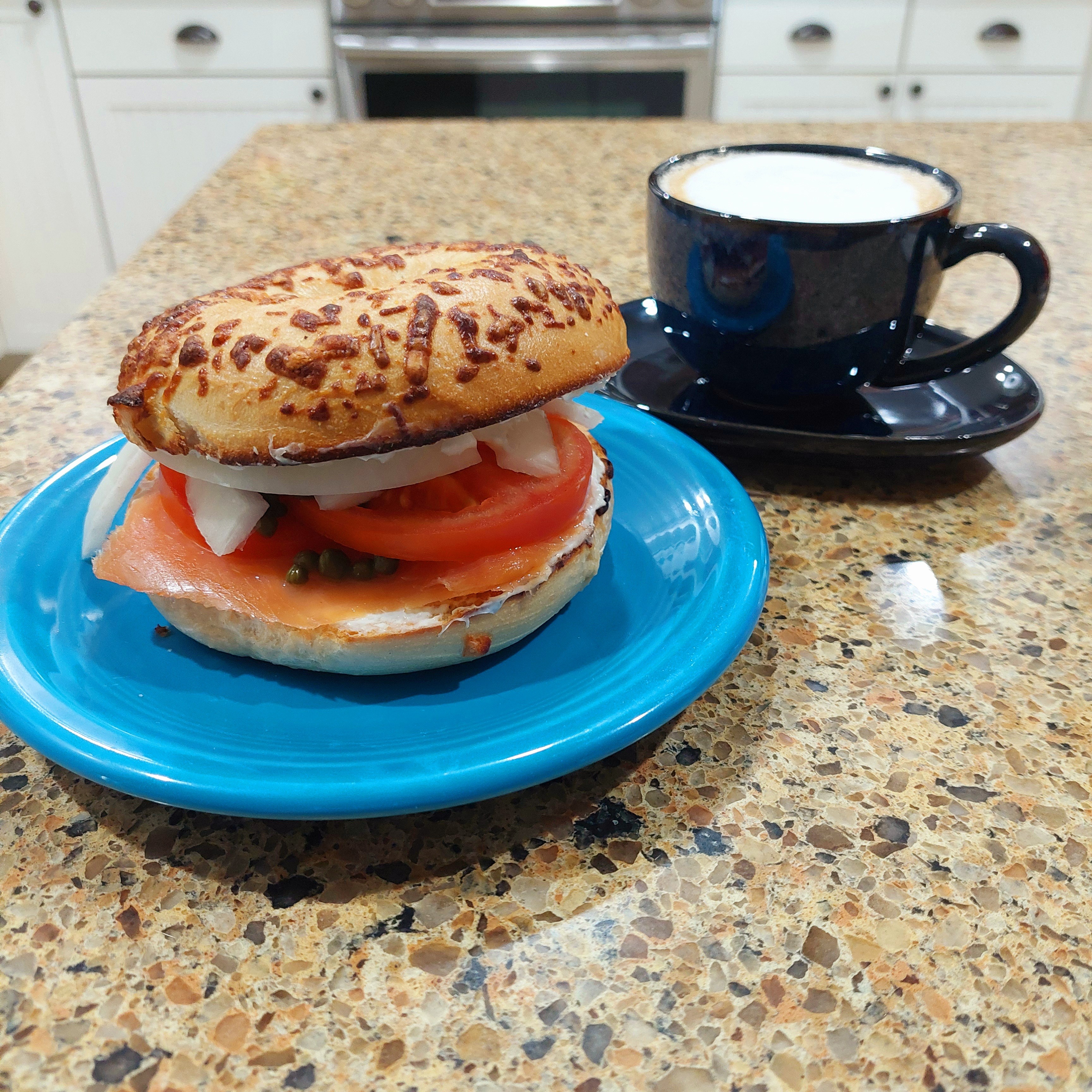 ☕️ Starbucks Caramel Nespresso Vertuo with Italian Sweet Crème Foam ☕️
🥯 Scottish Oak Smoked Atlantic Salmon, Tomato, Sweet Onion, Capers & Whipped Cream Cheese on a toasted Asiago Cheese Bagel 🥯
💙💙💙💙 YUM!! 🤤🤤🤤😋😋😋