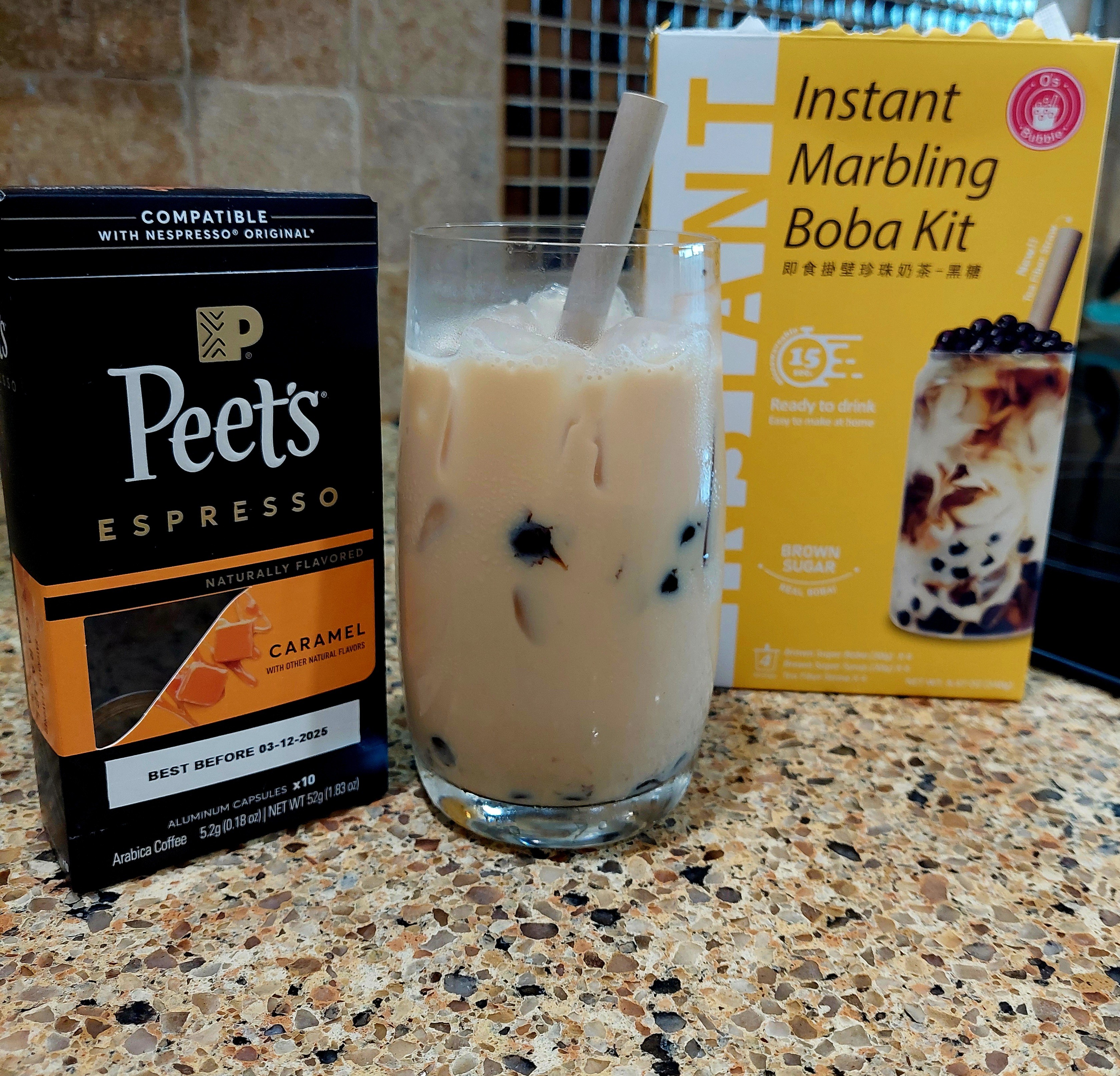 This was a drink experiment I did a little while ago...
I added a double shot of Peet's Caramel Espresso to an O's Bubble Brown Sugar Instant Marbling Boba. The flavor was delicious, but I was not a fan of the 