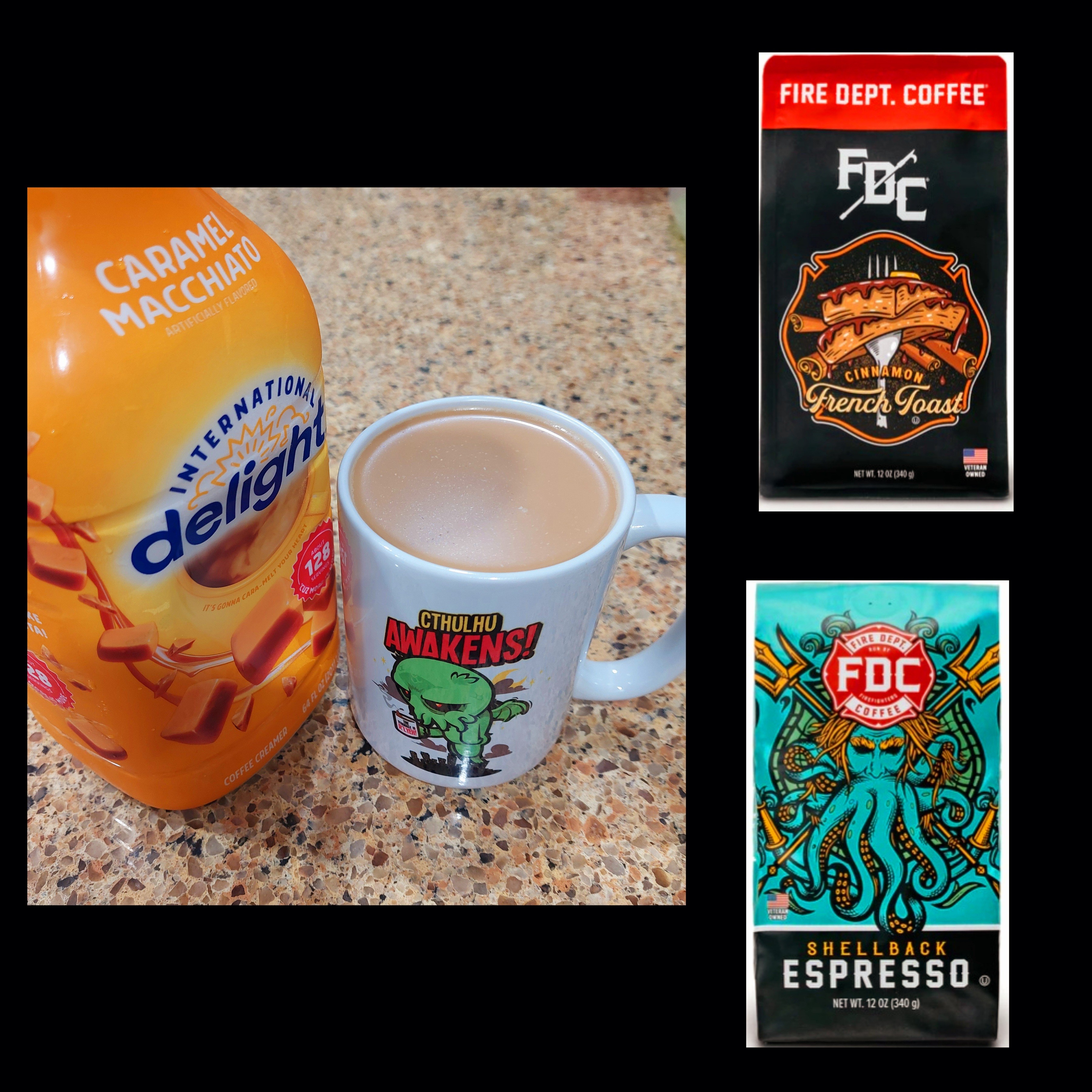 Did a new yummy flavor combo! 😋☕️...
Fire Department Coffee Cinnamon French Toast Coffee with some Fire Department Coffee Shellback Espresso mixed in (brewed together in same pot) with Caramel Macchiato flavored creamer. YUM! 😋☕️